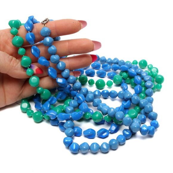Vintage Acrylic Beaded Necklaces Asymmetrical Shaped Beads Blue Aqua Green  x 3 - Picture 2 of 5